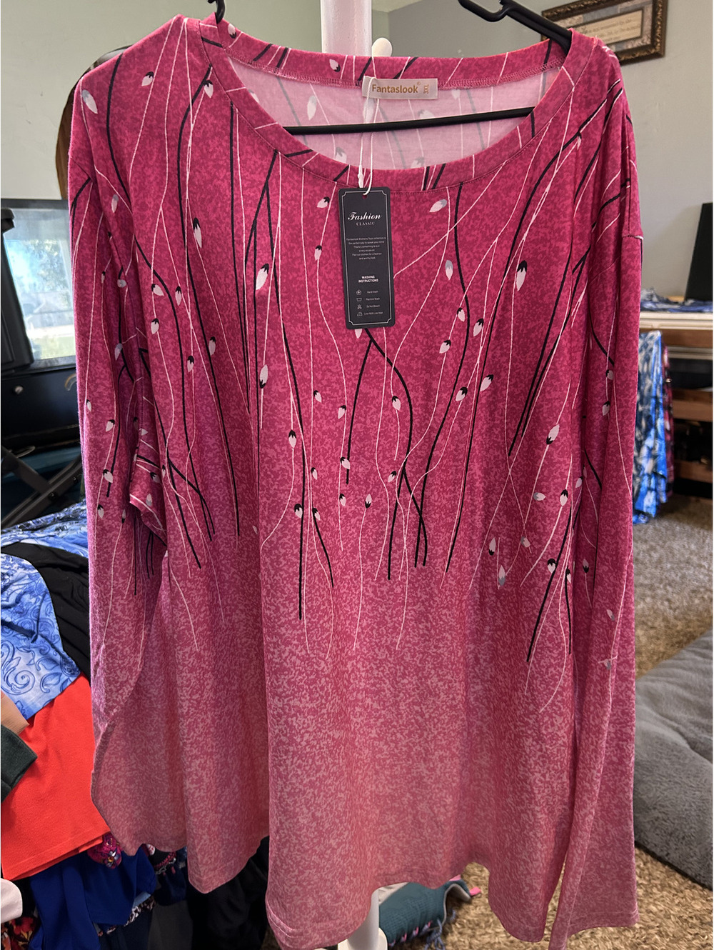 Fantaslook Women's 3XL Pink Patterned Long Sleeve Blouse